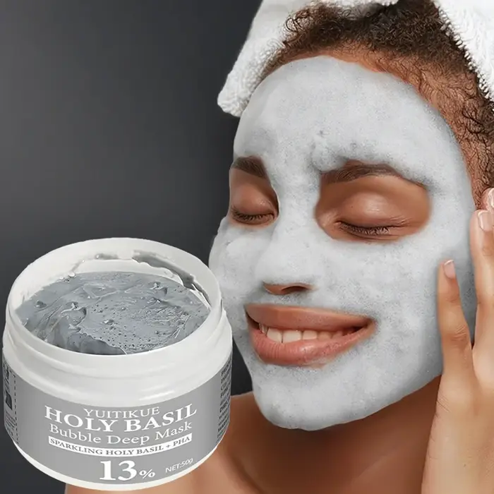YUITIKUE Masque à bulles de basilic sacré avec 13 % PHA et 22 % d'argile naturelle - Nettoyage en profondeur auto-mousse