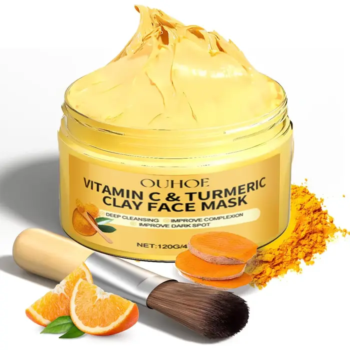 Masque facial à l'argile de curcuma et à la vitamine C, nettoyage en profondeur, améliore les taches brunes, hydrate la peau, raffermit la peau, unifie le teint