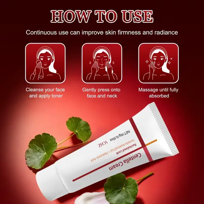 Crème hydratante à la Centella Asiatica — une crème pour le visage contenant de l'acide hyaluronique, de la vitamine E, du beurre de karité et de la caféine — raffermit et liftant la peau relâchée, éc