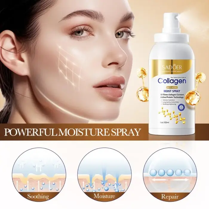 SADOER Collagène Anti-Âge Spray Hydratant 100ml Brume Hydratante à Hydratation Intensive pour un Soin Quotidien Confortable et une Rafraîchissement de la Peau