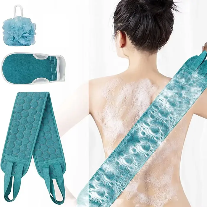 Ensemble de gommages exfoliants pour le corps avec gant de bain pour le dos et éponge loofah pour un nettoyage en profondeur et une hygiène optimale