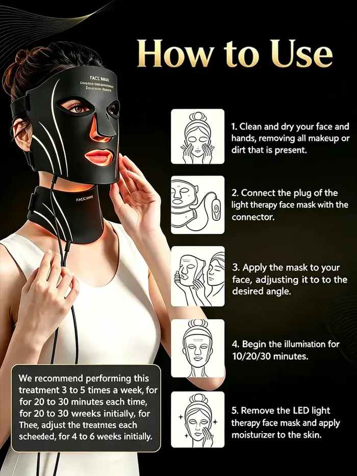 Masque facial LED 7 couleurs anti-rides et anti-âge, masque pour le front et le cou, masque de thérapie par lumière rouge LED, pour les plis nasogéniens