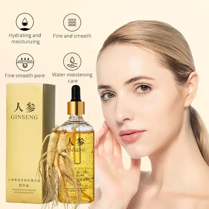 Sérum Visage Anti-rides Hydratant à l'Essence de Polypeptide de Ginseng Or, Soin Profond Nourrissant, Éclaircissant et Raffermissant pour la Peau