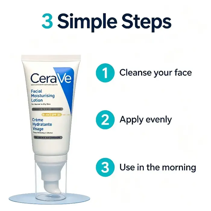 CeraVe AM Lotion SPF50 52ml, Soin hydratant longue durée pour peaux normales et sèches