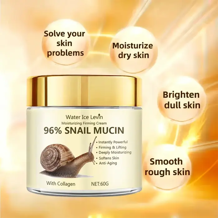 Crème raffermissante à la mangine d'escargot 96 % soulève et raffermit instantanément la peau. L'humidité profonde illumine la matité. Adoucit et lisse les patchs rugueux.