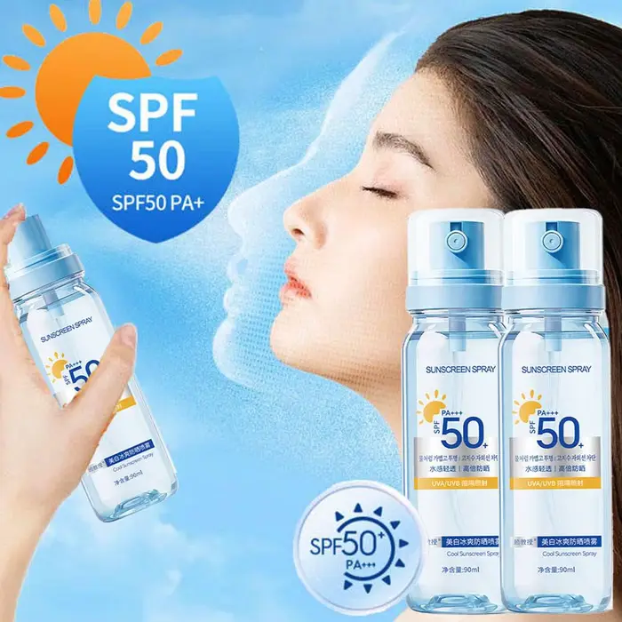 Spray solaire rafraîchissant SPF50+ hydratant et blanchissant pour le visage