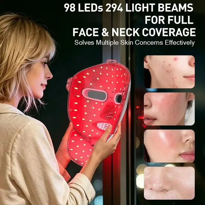 Masque facial LED pour le soin du cou, 98 LED, 7 couleurs de lumière rouge, contrôle tactile, rechargeable, rajeunissement de la peau, anti-âge, appareil de beauté sans fil