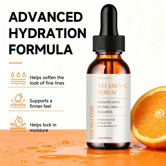 Sérum à la vitamine C hydratant pour le visage avec acide hyaluronique, acide férulique et huile d'argousier pour une nutrition quotidienne de la peau, léger