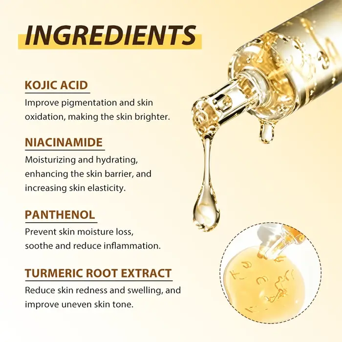 Sérum Ampoule Visage à l'Acide Kojique et au Curcuma avec Niacinamide – Essence Hydratante et Nourrissante en Profondeur