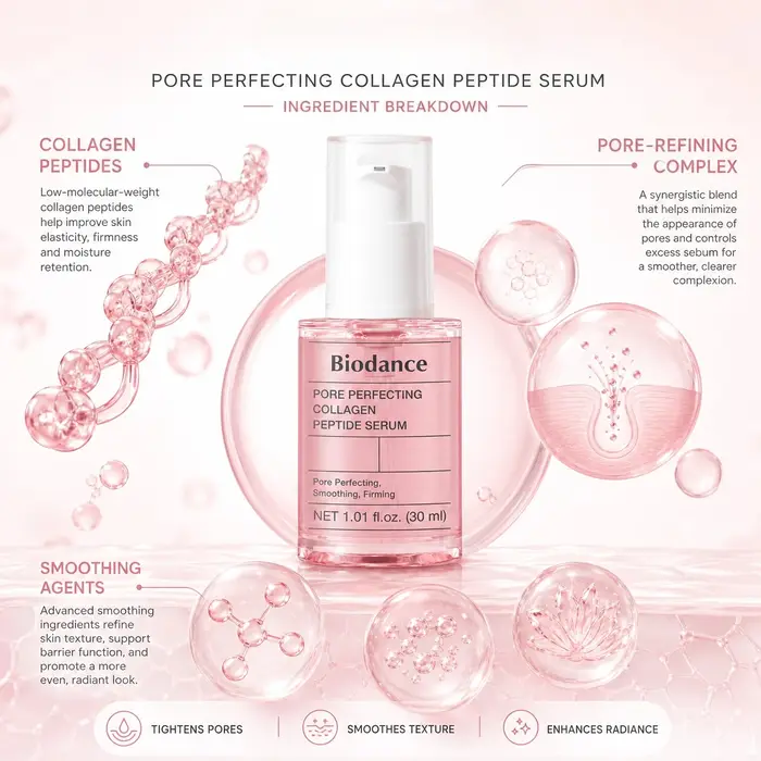 Sérum Coréen au Collagène et Peptides pour Affiner les Pores & Sérum Hydro Cera-nol, Essence Hydratante Apaisante pour le Soin des Pores du Visage 30ml