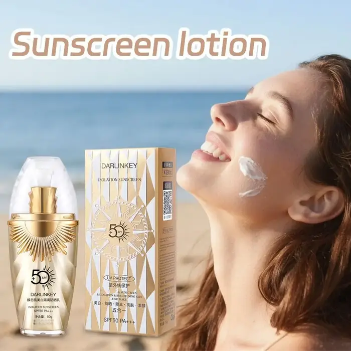 DARLINKEY Crème Solaire Isolante SPF50 5-en-1 Éclaircissante et Unifiante PA+++ Anti-UV Teint Naturel Sans Maquillage Protection Faciale Sans Effort