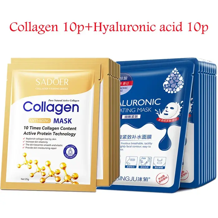 20 pièces acide hyaluronique collagène masque Facial soin hydratant raffermissant