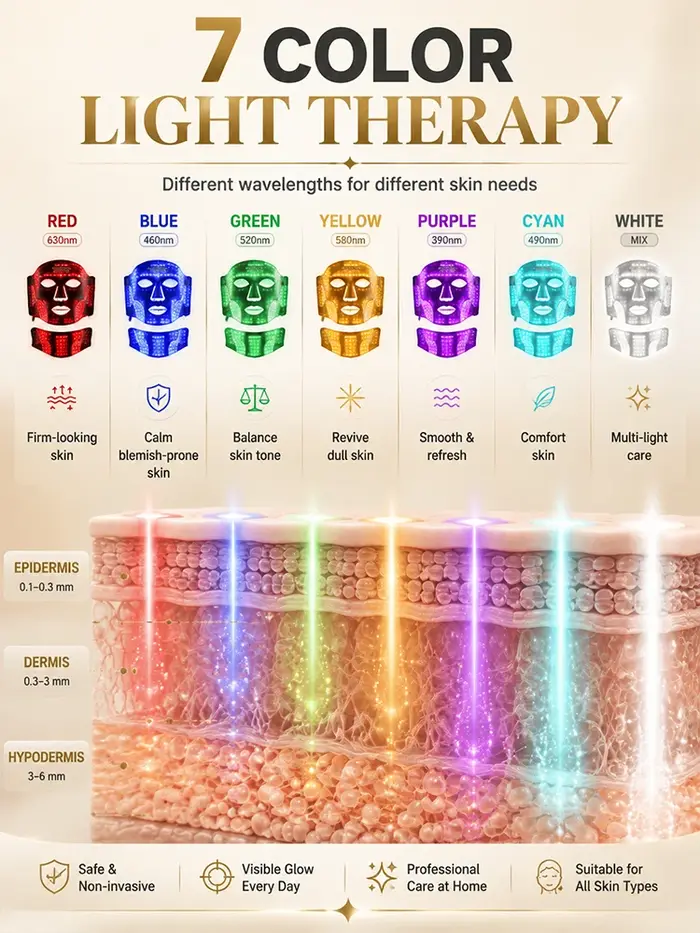 Masque facial LED pour thérapie par lumière rouge, masque facial et pour le cou, thérapie par lumière 7 couleurs, 309 puces LED, dispositif de soin de la peau en silicone.