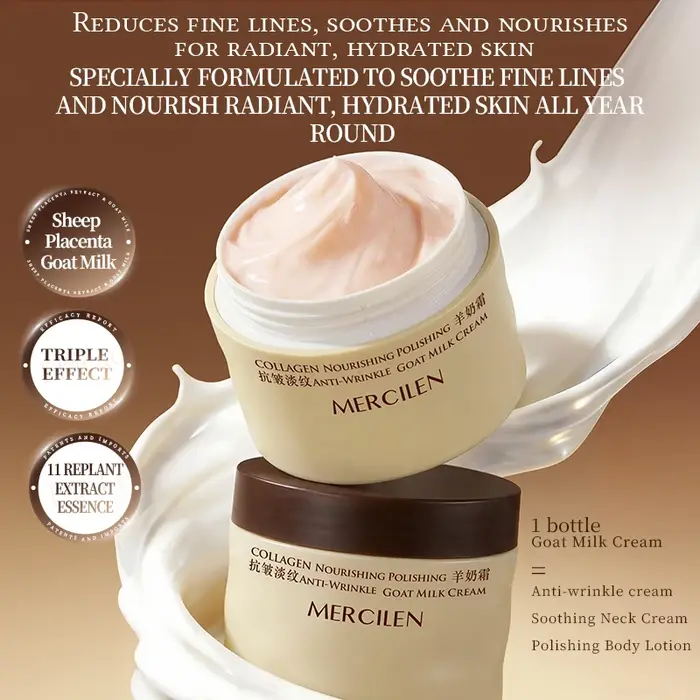 Crème nourrissante au lait de chèvre et au collagène Mercilen 100g, contient de l'acide hyaluronique, de la vitamine E et du squalane d'origine végétale, qui peuvent hydrater et nourrir efficacement l