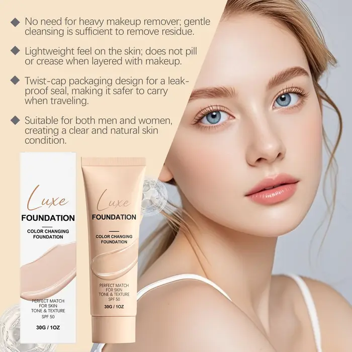 Fond de teint changeant de couleur SPF 50, couvrance naturelle, fond de teint liquide ajustable, léger, longue tenue, base de maquillage pour tous les types de peau