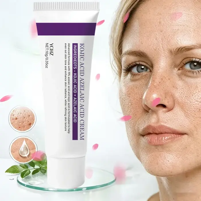 Crème pour le visage à 15 % d'acide azélaïque, essence hydratante en profondeur, absorption rapide, douce et respectueuse de la peau. Les ingrédients incluent de l'acide kojique, de la niacinamide, de