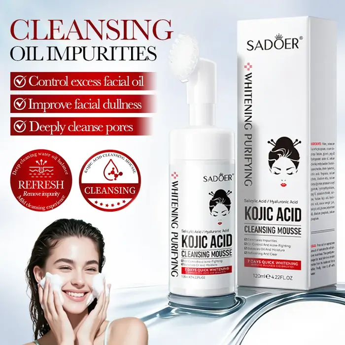 SADOER Mousse Nettoyante Visage Éclaircissante à l'Acide Kojique Hydratante Nettoyage en Profondeur Anti-âge