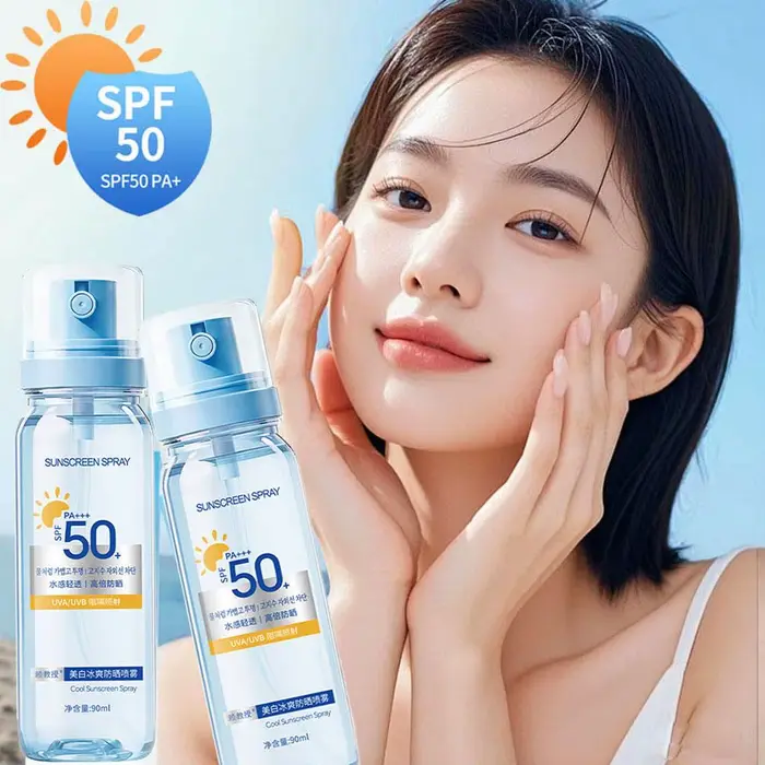 Spray solaire rafraîchissant SPF50+ hydratant et blanchissant pour le visage