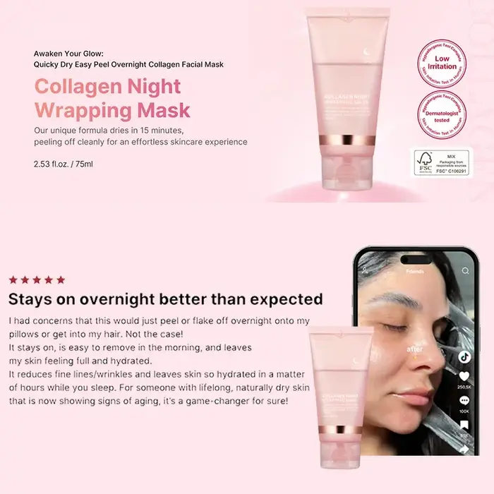 Masque Facial enveloppant au collagène coréen, élasticité, hydratation, réduit l'affaissement de la matité, soins pour la peau au collagène hydrolysé