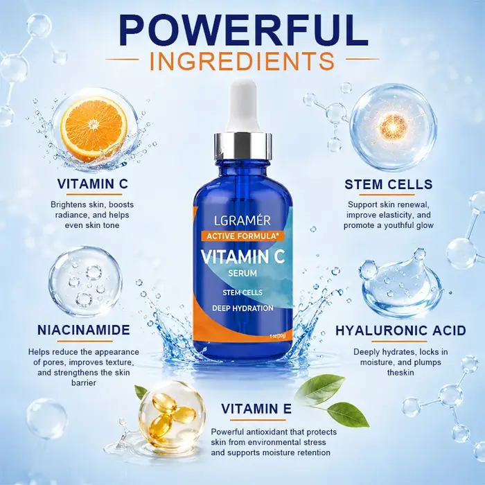 Sérum à la vitamine C, formule active, cellules souches, essence faciale, hydratation, antioxydant, éclaircissement de la peau terne, raffermissement, lissage, anti-âge