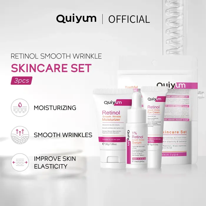 QUIYUM Ensemble de soins pour la peau à rides lisses au rétinol · Pour tous les types de peau · Les 
