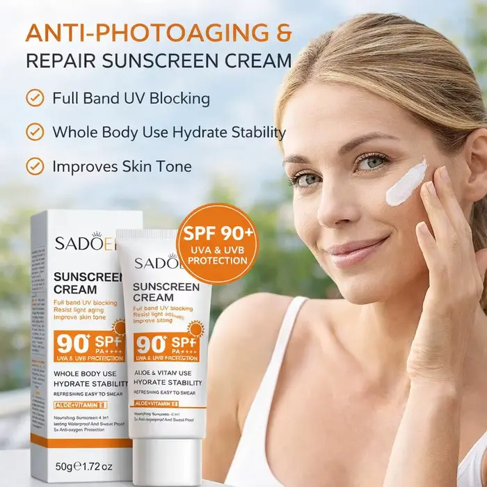 Crème solaire à haute protection SPF50+ SPF90+ PA+++ Imperméable Résistante à la transpiration Hydratation longue durée 50g/90ml