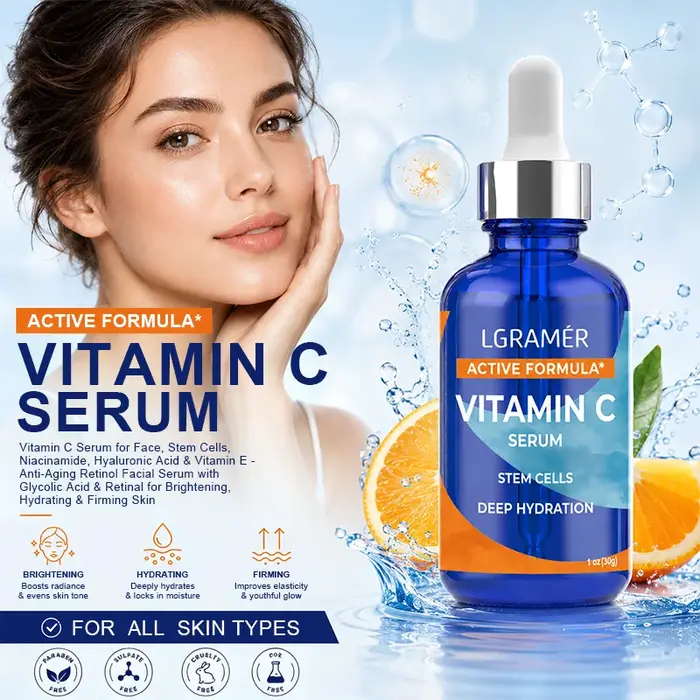 Sérum à la vitamine C, formule active, cellules souches, essence faciale, hydratation, antioxydant, éclaircissement de la peau terne, raffermissement, lissage, anti-âge