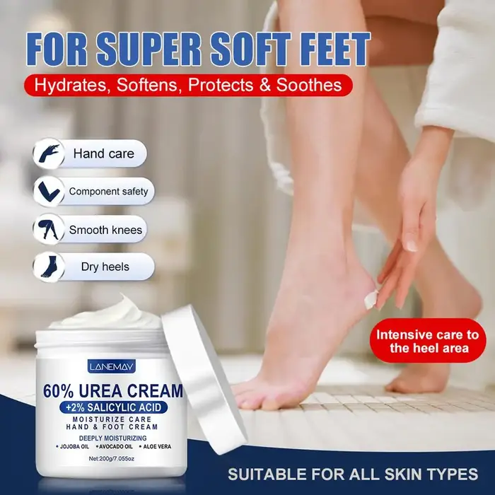 Crème à l'urée 60% et acide salicylique 2%, crème pour les pieds secs et gercés, talons, genoux, coudes, mains, crème hydratante pour les mains et les pieds 200g