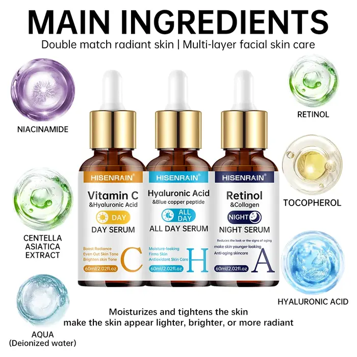 HISENRAIN Sérum Vitamine C + Rétinol + Acide Hyaluronique Duo | Combo éclaircissant et hydratation anti-âge | Pour tout