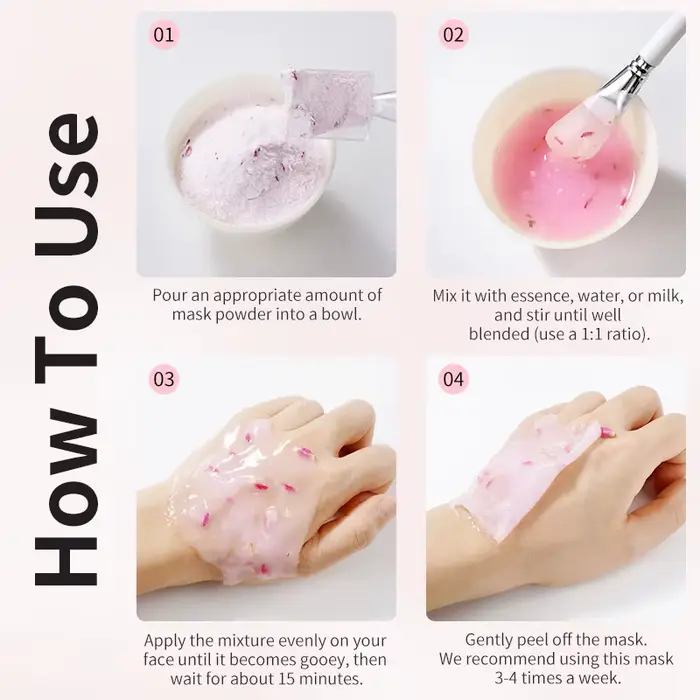 Masque facial en poudre de gelée à l'acide hyaluronique/à la rose/au collagène - Hydratant