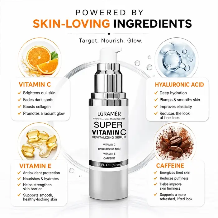 Sérum Visage Super Vitamine C, Spécialement Conçu pour les Peaux Matures, Essence Faciale Coréenne Légère Revitalisante pour une Peau Saine
