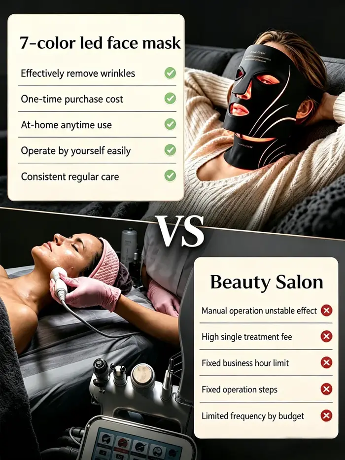 Masque facial LED 7 couleurs anti-rides et anti-âge, masque pour le front et le cou, masque de thérapie par lumière rouge LED, pour les plis nasogéniens