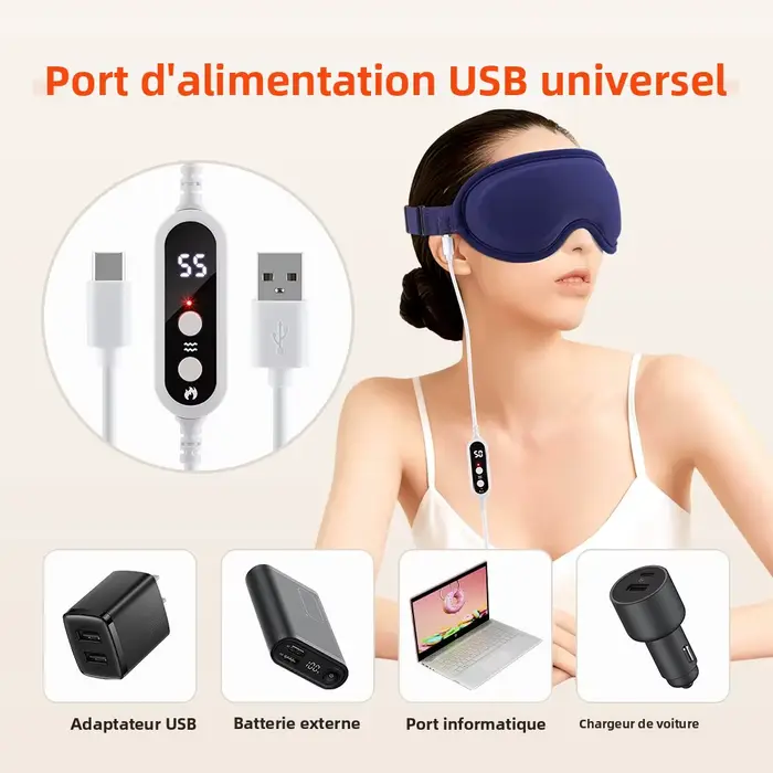 Masque Yeux Chauffant Masseur Oculaire 3D Vibration Compress Chaude Anti-Cernes Poches Occultant Aide Sommeil Spa Voyage