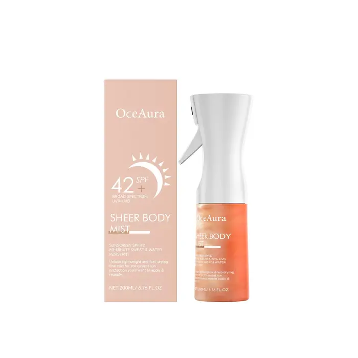 Spray solaire OceAura avec SPF42, protection anti-UV, prévention des coups de soleil, contrôle du sé