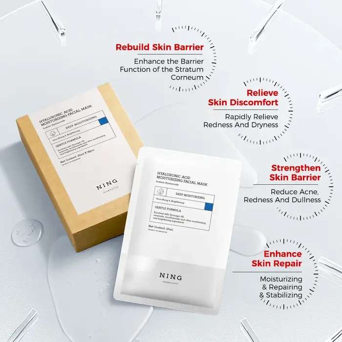 NING DERMOLOGIE Masque hydratant éclaircissant à l'acide hyaluronique 4D avec niacinamide et céramide pour une peau lisse