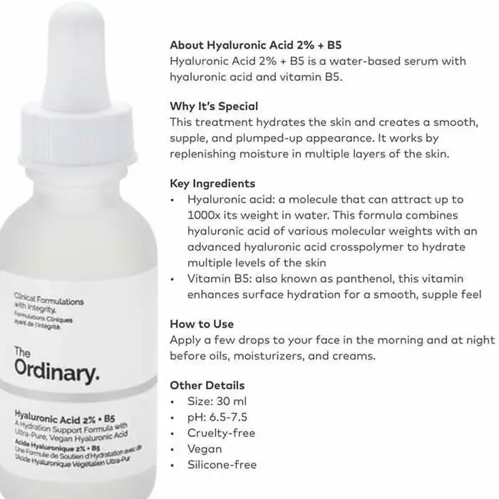 The Ordinary Hyaluronic Acid 2% + B5 A Formule hydratante avec sérum à l'acide hyaluronique ultra-pur et végétalien pour la peau 30ML