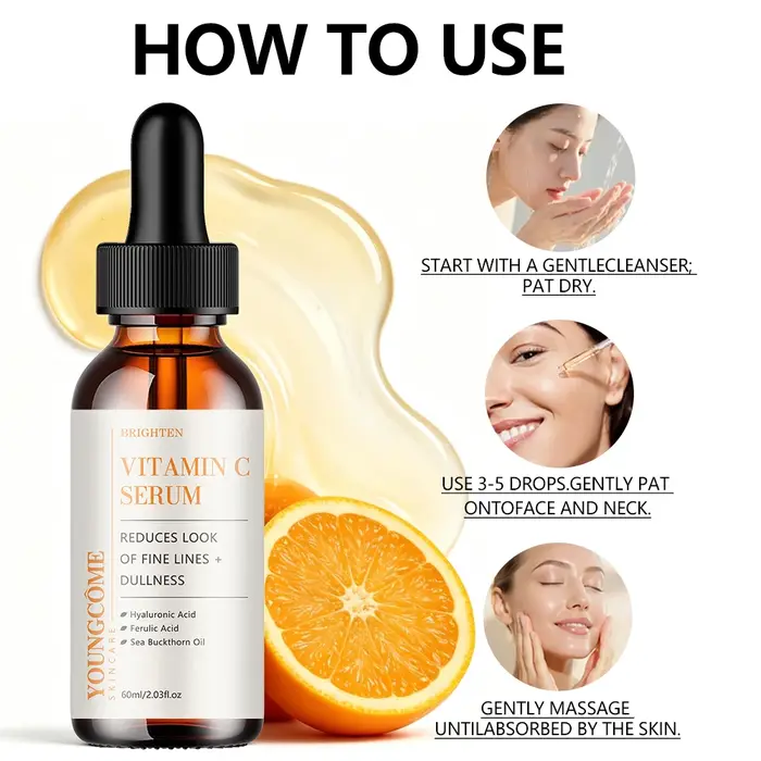 Sérum à la vitamine C hydratant pour le visage avec acide hyaluronique, acide férulique et huile d'argousier pour une nutrition quotidienne de la peau, léger