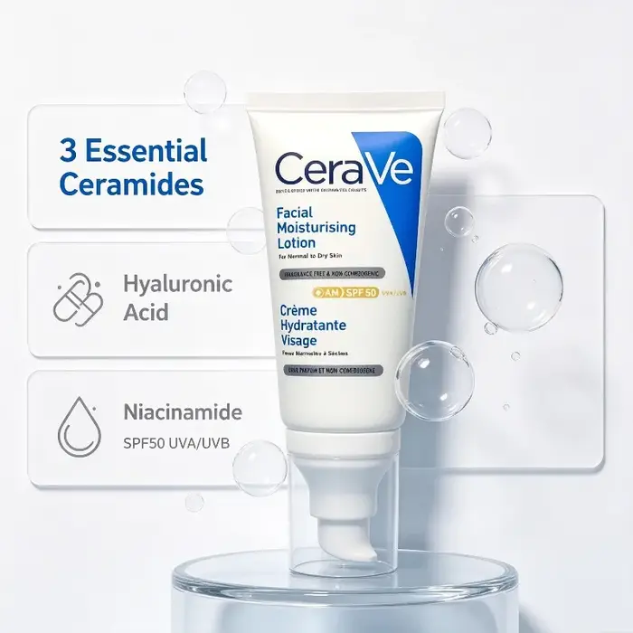 CeraVe AM Lotion SPF50 52ml, Soin hydratant longue durée pour peaux normales et sèches