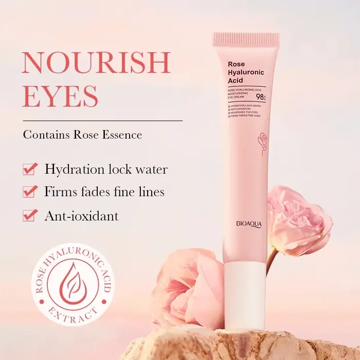 Ensemble de soins de la peau à la rose : Essence à l'acide hyaluronique, crème hydratante et éclaircissante pour les yeux, crème pour le visage pour peaux sèches