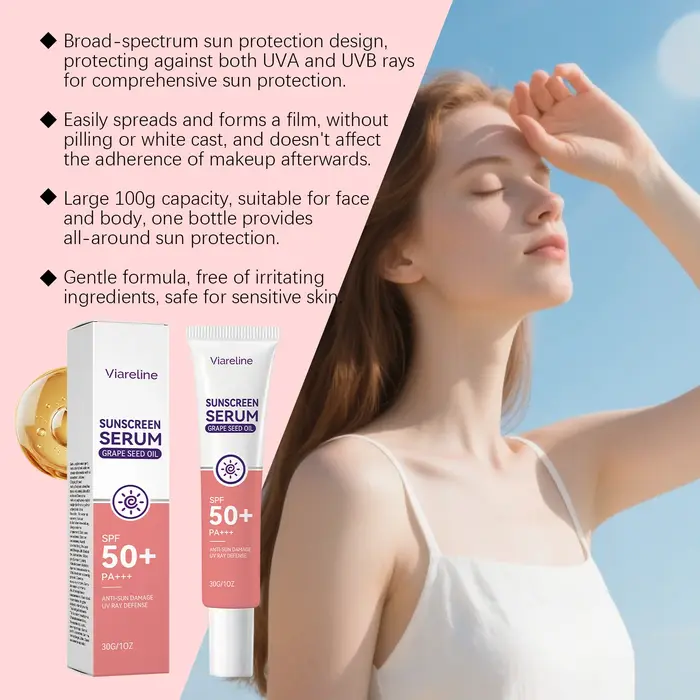 Sérum solaire SPF 50 à l'huile de pépins de raisin PA+++ Protection UV visage Anti-dommages solaires Sérum hydratant léger Essence écran solaire