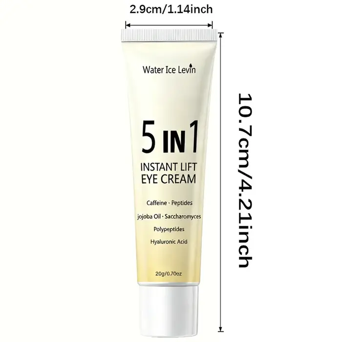 Crème pour les yeux à effet liftant instantané 5 en 1. Résultats en 2 minutes. Lisse les poches sous les yeux, raffermit, hydrate en profondeur. Peptides de caféine, acide hyaluronique. 20g.