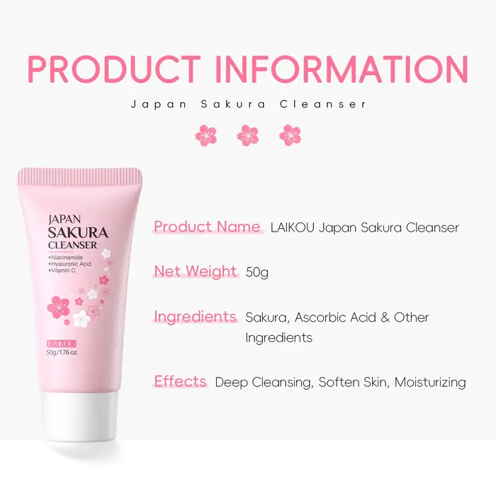 Laikou Sakura Nettoyant Visage Nettoyage en Profondeur des Pores Contrôle du Sébum Hydratant Éclaircissant Doux pour Tous Types de Peau 50g