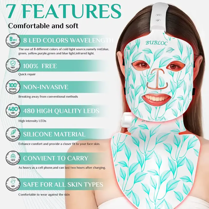 Masque facial LED 8 couleurs portable en silicone LED lumière rouge thérapie proche infrarouge pour anti-âge, rides, rajeunissement de la peau usage domestique