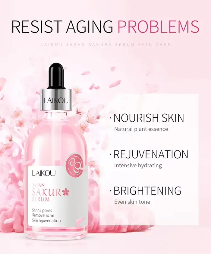 LAIKOU Solution d'essence de fleur de cerisier ou de rose Soins du visage hydratants Éclair Serrer Hydratant Réparateur Apaiser adoucir 100 ml