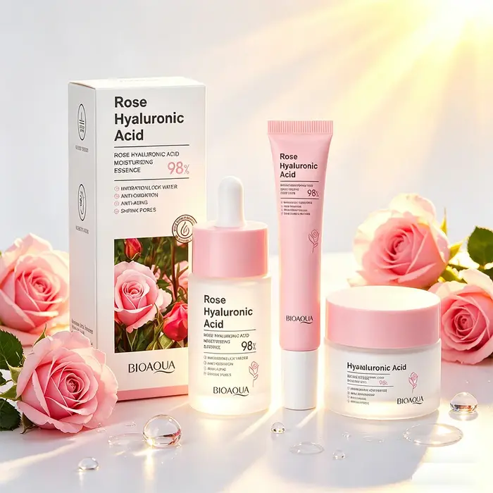Ensemble de soins de la peau à la rose : Essence à l'acide hyaluronique, crème hydratante et éclaircissante pour les yeux, crème pour le visage pour peaux sèches
