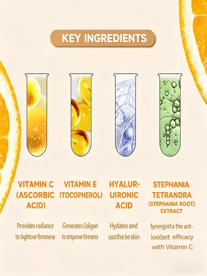 Sérum éclaircissant pour la peau à la vitamine C, combat le mélanisme et les taches, unifie et renouvelle le teint de la peau.
