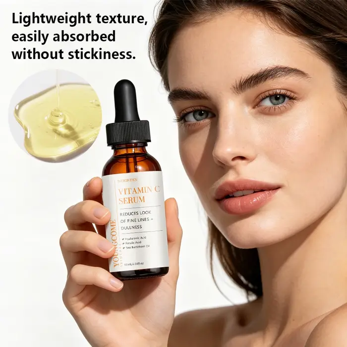Sérum à la vitamine C hydratant pour le visage avec acide hyaluronique, acide férulique et huile d'argousier pour une nutrition quotidienne de la peau, léger