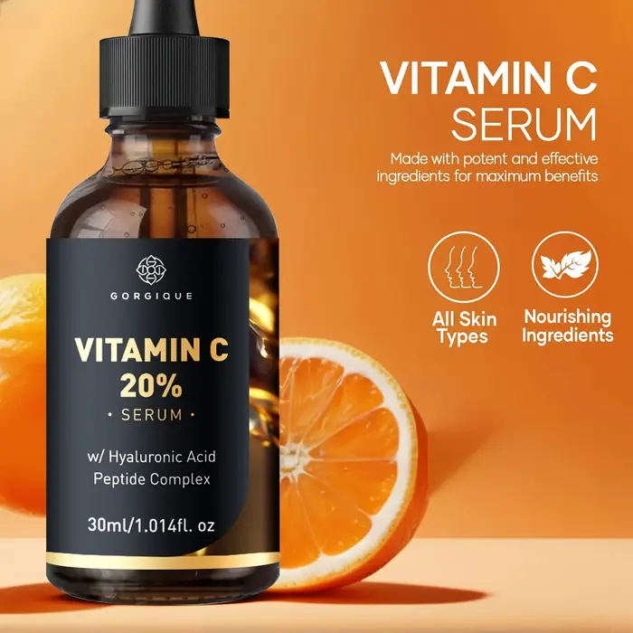 Sérum de vitamine C pour le visage amélioré avec des peptides d'acide hyaluronique
