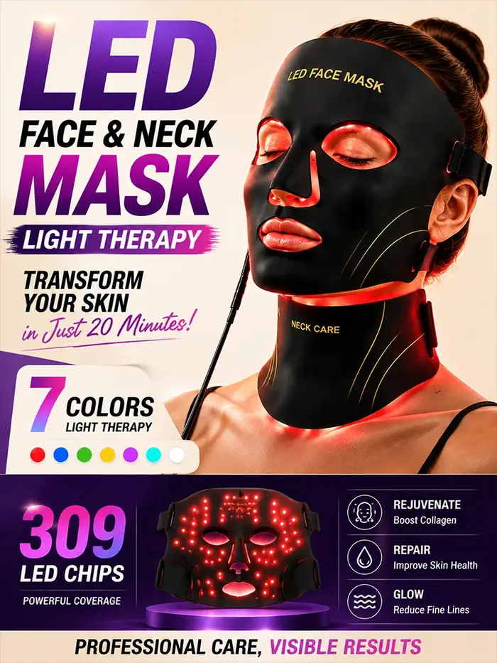 Masque facial LED, masque de luminothérapie rouge, masque pour le cou, appareil de beauté LED 7 couleurs, soin de la peau du visage, rajeunissement par photothérapie en silicone. Livraison gratuite.