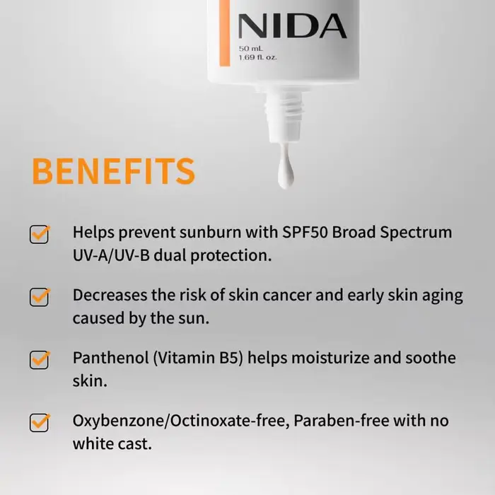 Crème solaire invisible NIDA SPF 50 à large spectre UVA/UVB